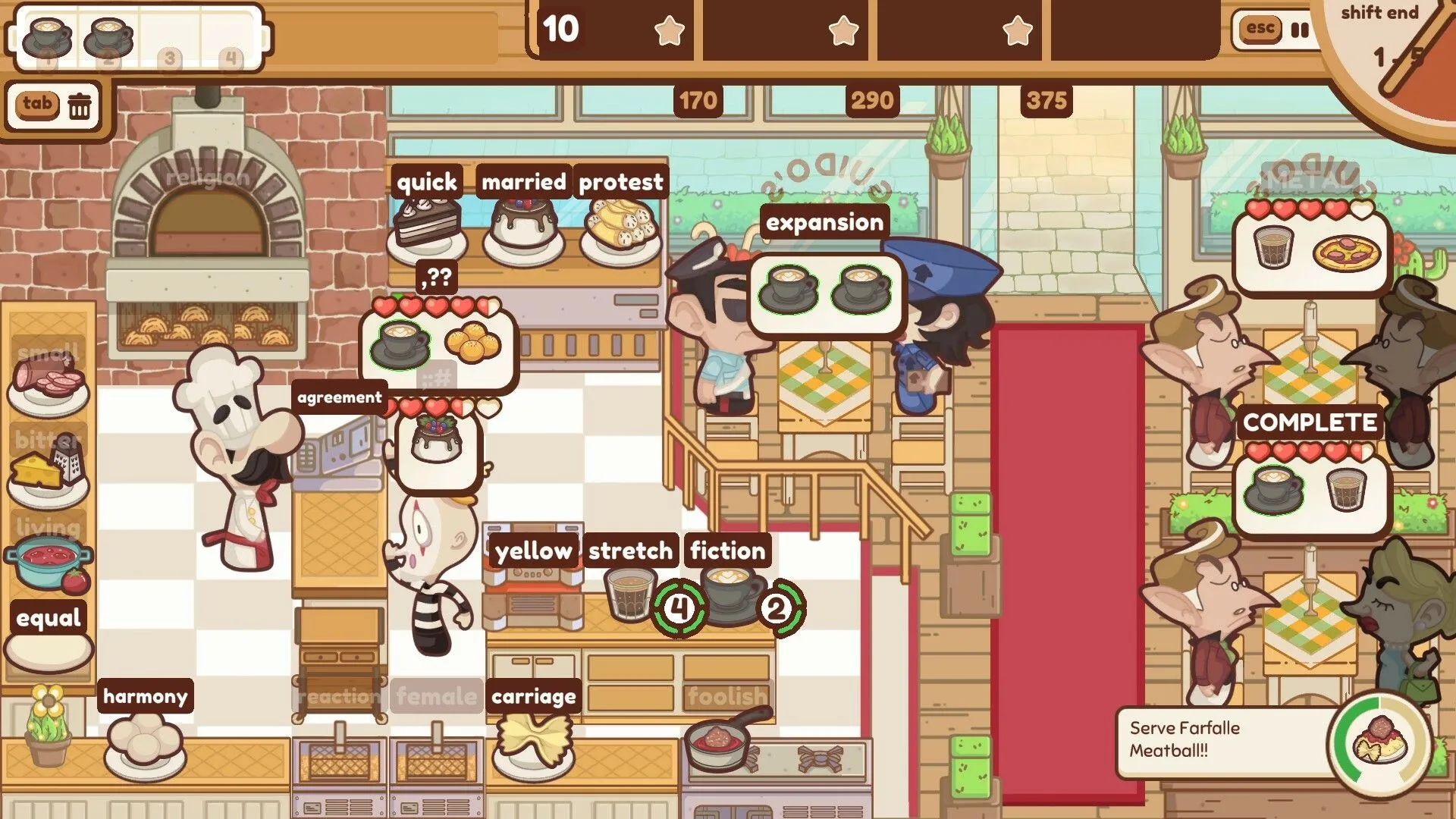 Mô tả hình ảnh gameplay của The Chef's Shift với giao diện nhà hàng và các lệnh gõ phím