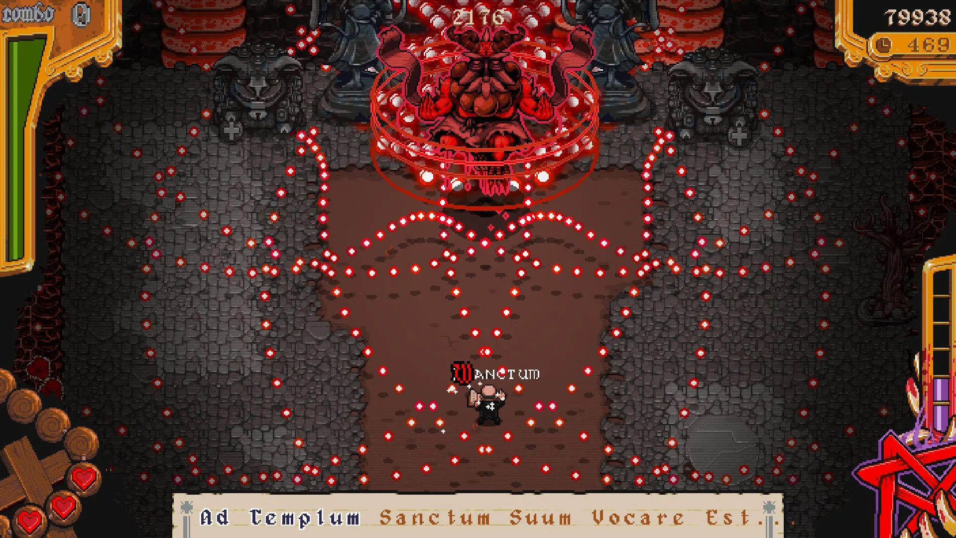 Mô tả một cảnh chiến đấu với trùm trong game The Textorcist: The Story of Ray Bibbia, hiển thị các đạn bay và từ ngữ cần gõ