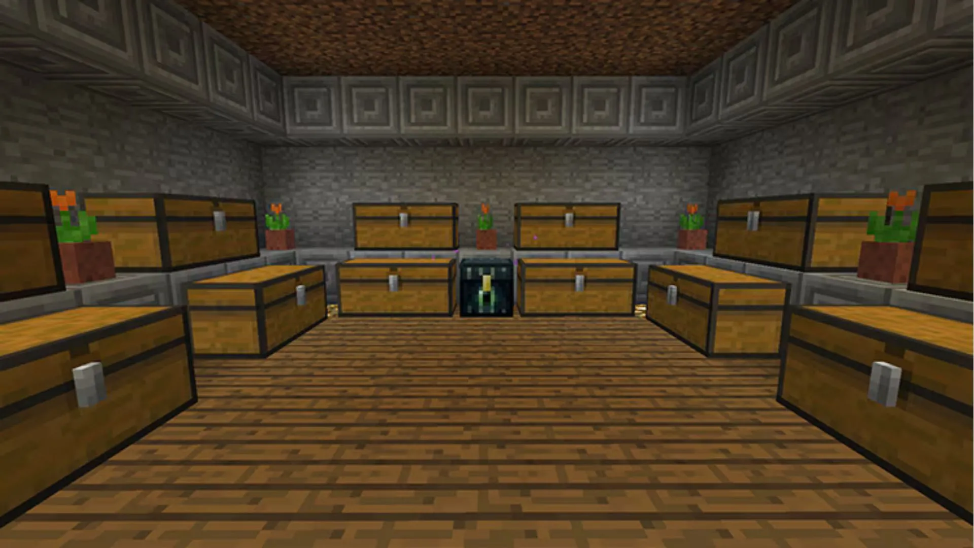 Một căn phòng đầy rương trong game Minecraft, minh họa cho cơ chế AI ngẫu nhiên.