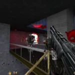 Một cảnh chơi trong game Half-Life, mô tả môi trường khoa học viễn tưởng với các cấu trúc kim loại và một nhân vật trong bộ đồ chống độc đang cầm vũ khí.