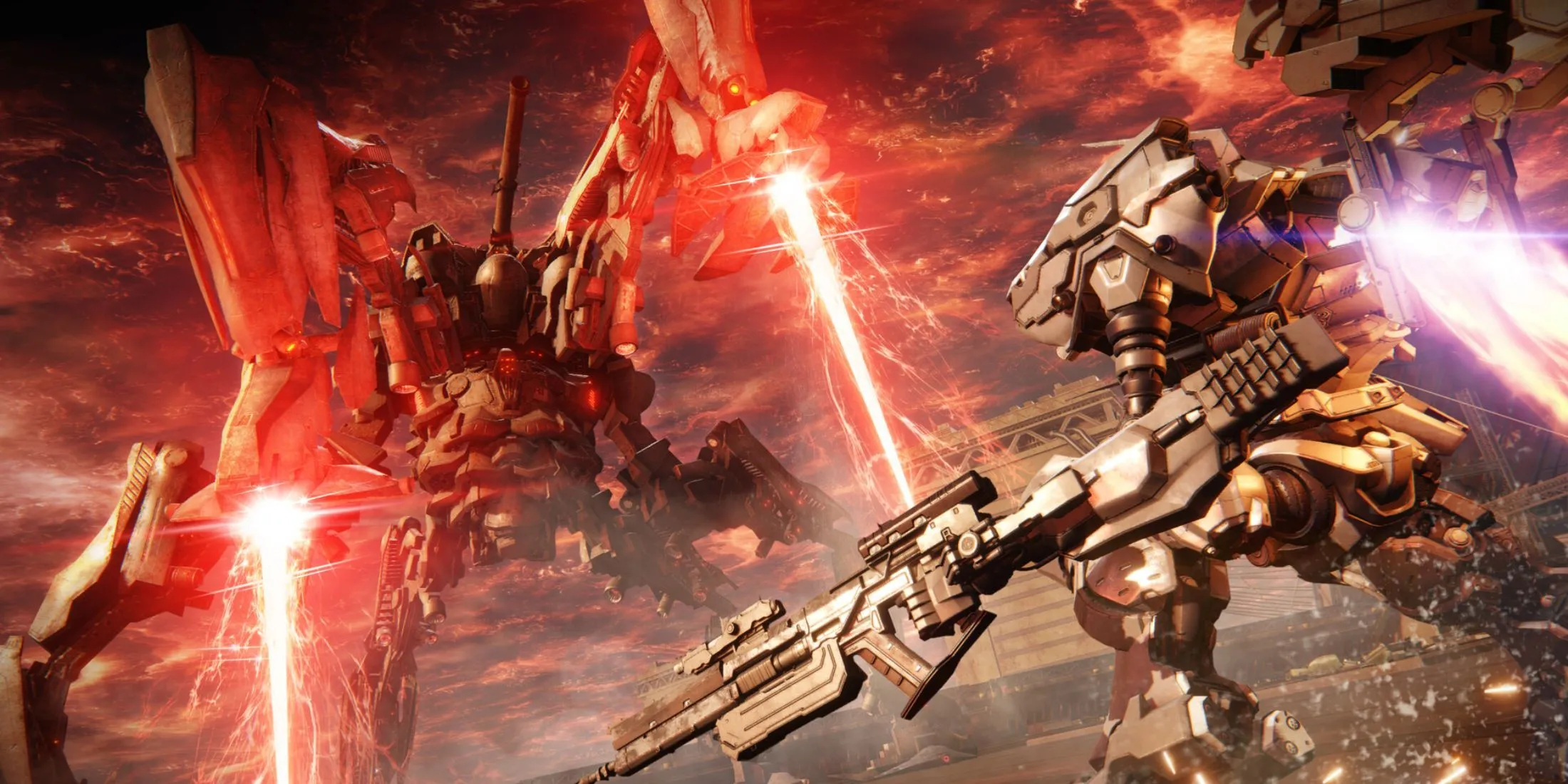 Một cỗ máy Armored Core 6: Fires of Rubicon khai hỏa trong trận chiến, làm nổi bật phong cách chiến đấu tầm xa của series.