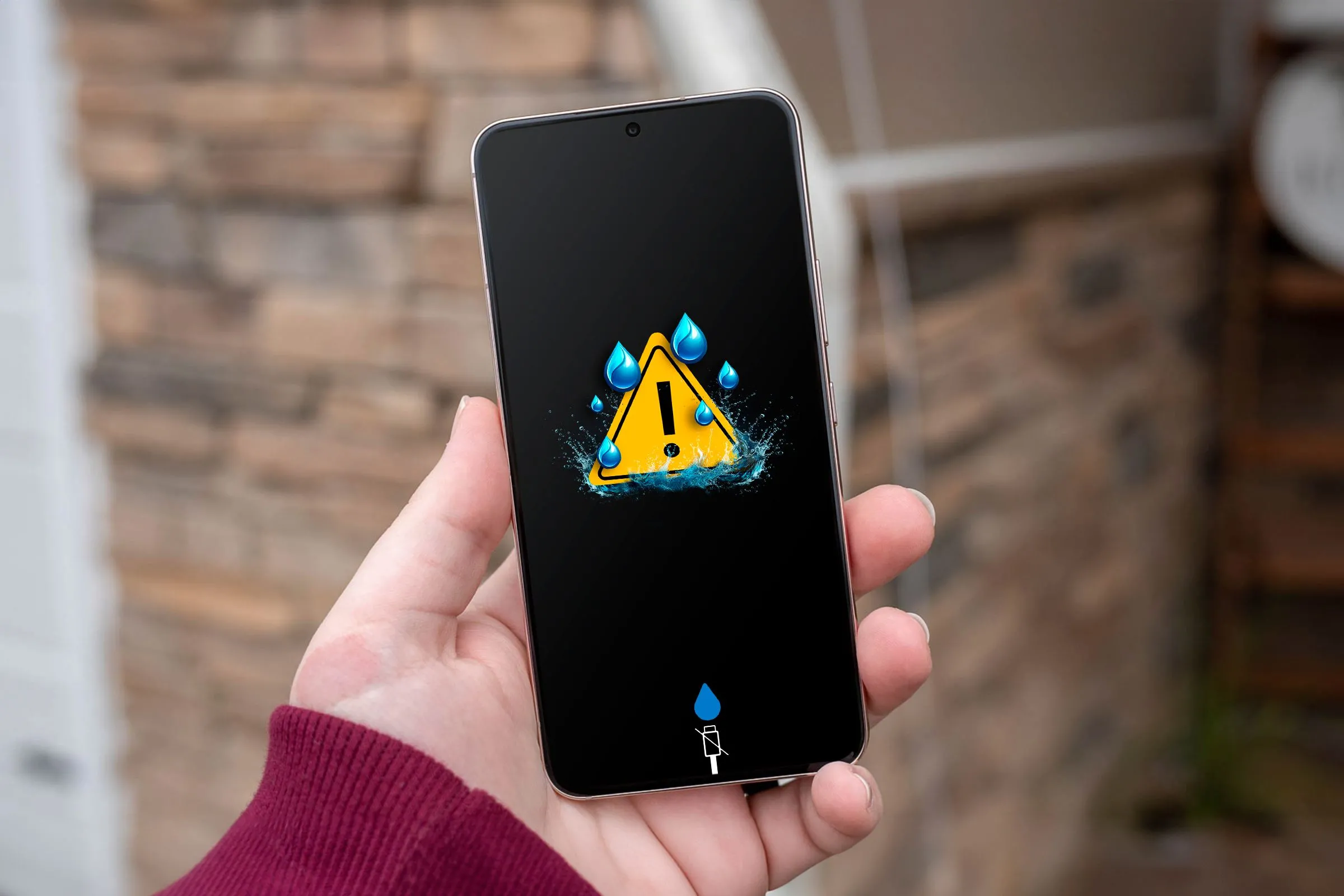 Một điện thoại Samsung Galaxy hiện cảnh báo phát hiện độ ẩm, màn hình phủ đầy giọt nước, minh họa vấn đề kháng nước của smartphone hiện đại.
