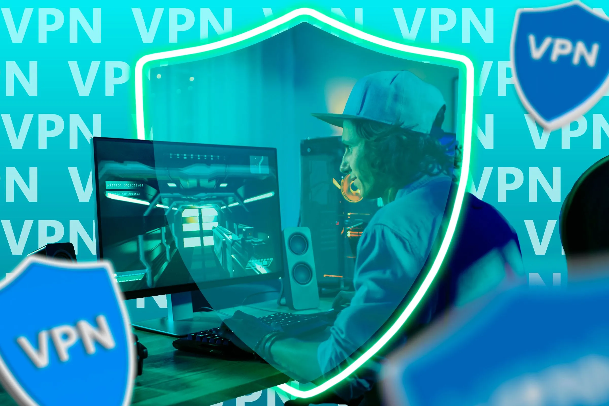 Một game thủ đang chơi game trên máy tính với các lá chắn VPN xung quanh.