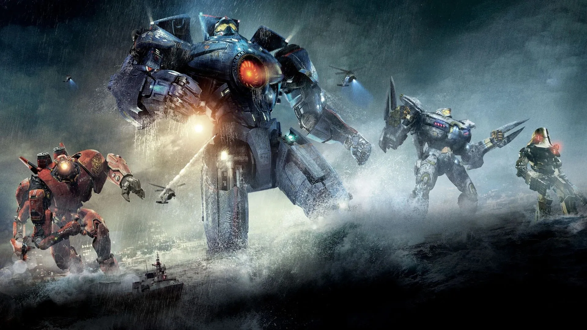 Một Jaeger đối đầu với Kaiju trong cảnh quay ấn tượng từ phim Pacific Rim, gợi cảm hứng cho tựa game chiến đấu robot khổng lồ và quái vật.