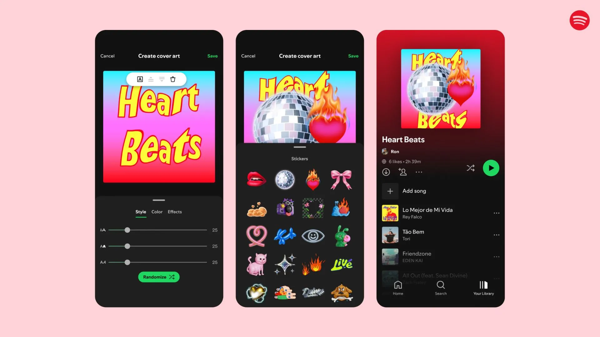 Một màn hình điện thoại hiển thị nhiều bìa playlist Spotify với chủ đề Ngày Valentine