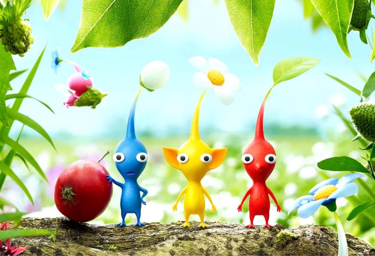 Một nhóm Pikmin đứng trên cành cây, tượng trưng cho sự đáng yêu và chiến lược của dòng game Pikmin, dự đoán sẽ có game mới trên Nintendo Switch 2.