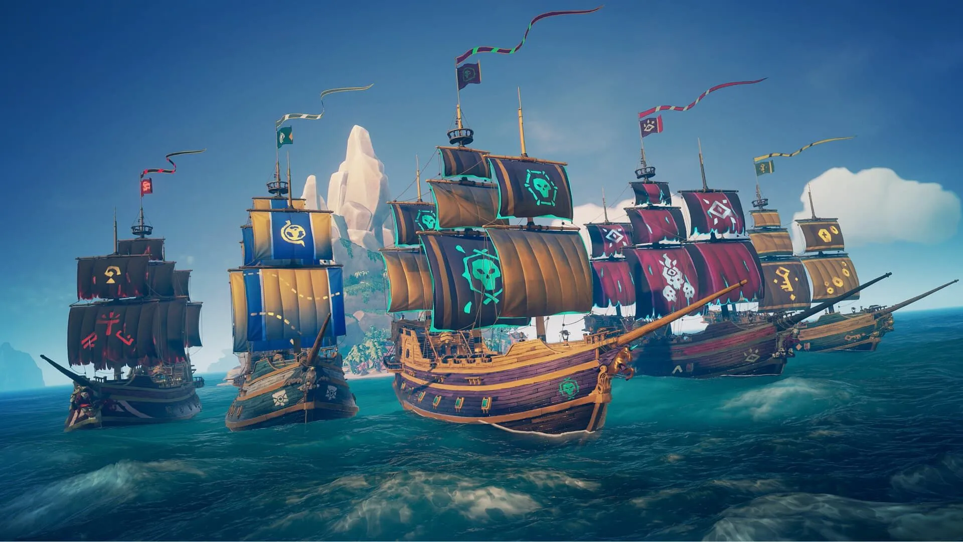 Một nhóm tàu thuyền trong Sea of Thieves đang ra khơi từ hòn đảo