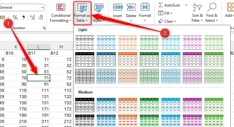 Một ô dữ liệu trong Excel đang được chọn, và menu thả xuống &quot;Format As Table&quot; đã mở, hiển thị các tùy chọn kiểu bảng.