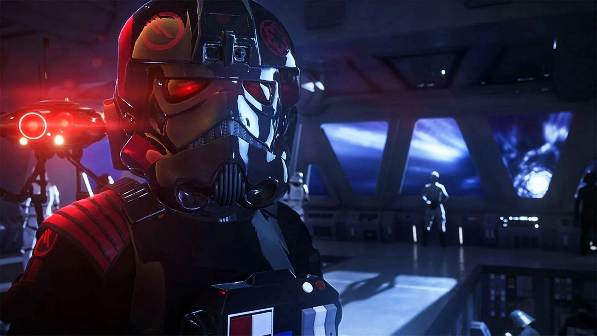 Một Stormtrooper điều khiển phi cơ TIE Fighter bên trong một con tàu trong Star Wars Battlefront 2.