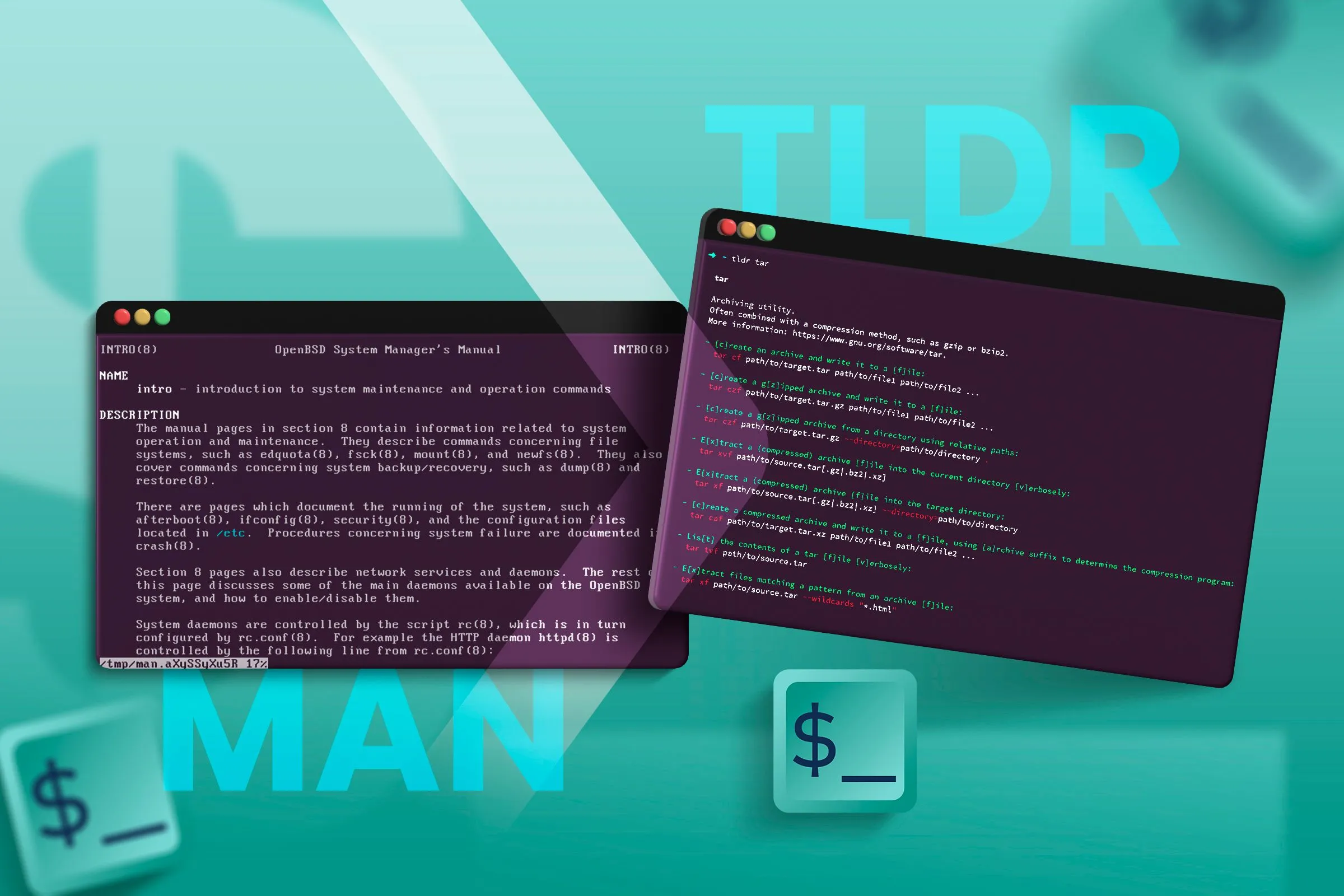 Một Terminal Linux hiển thị trang man page và một Terminal khác hiển thị trang tldr, cung cấp hướng dẫn sử dụng lệnh chi tiết và tóm tắt.