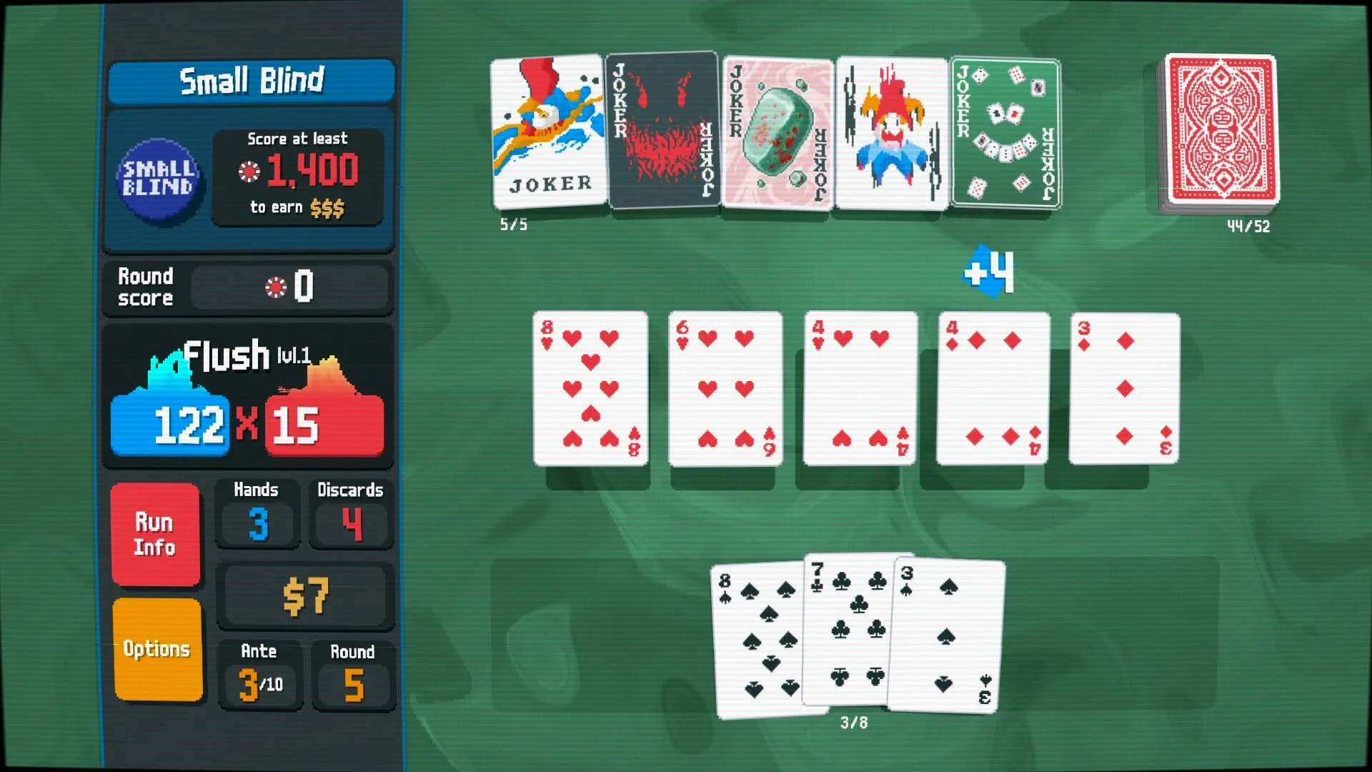 Một ván bài poker trong Balatro với các lá bài Joker và điểm số cao, thể hiện chiến thắng của người chơi.