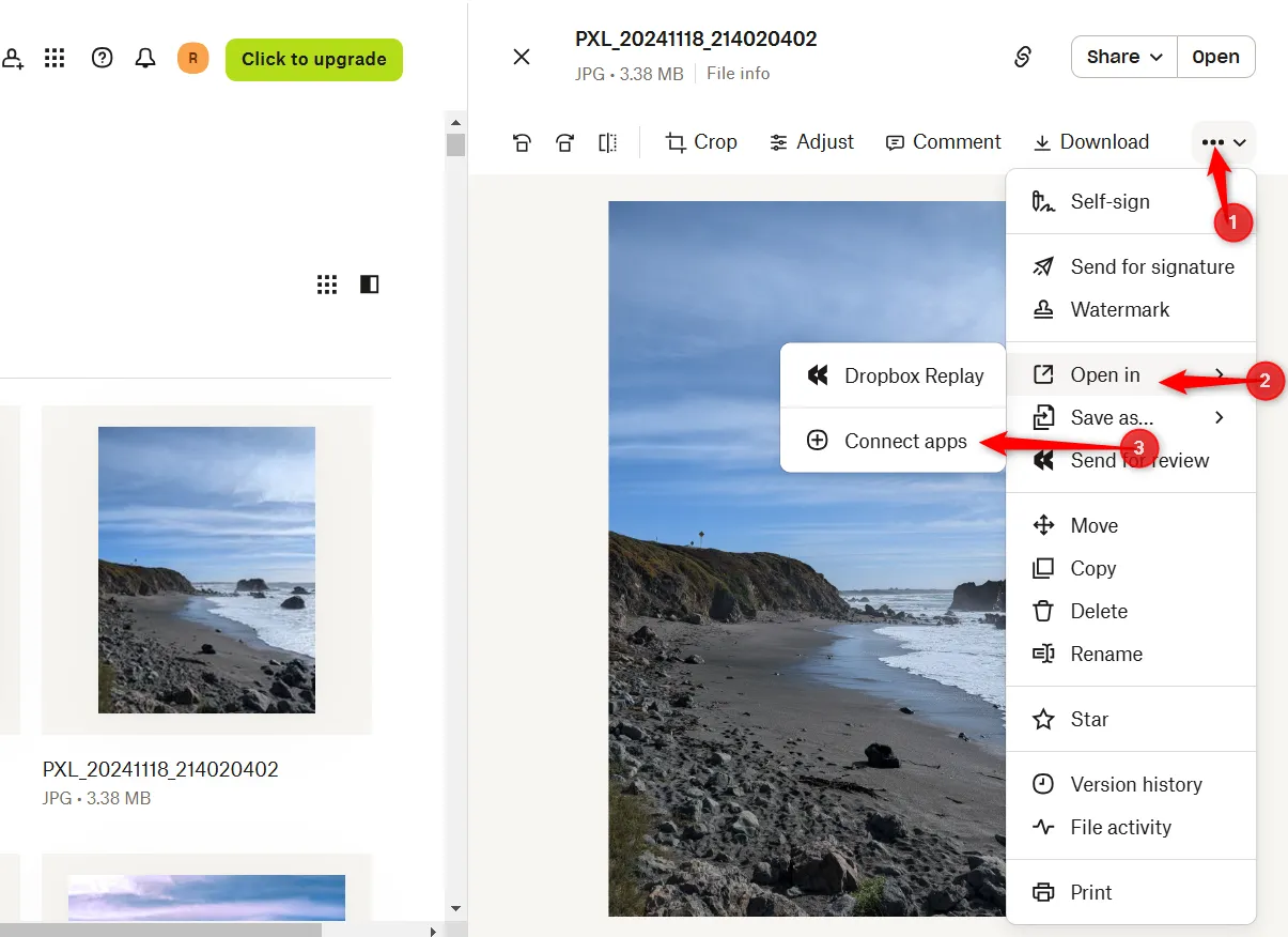 Mũi tên chỉ dẫn cách kết nối và mở ảnh Dropbox bằng các ứng dụng tích hợp bên ngoài.