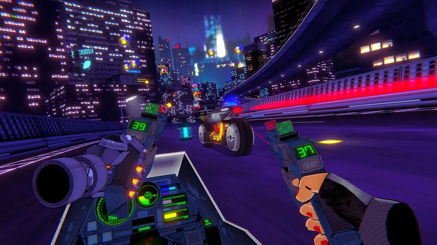 Người chơi điều khiển xe máy cyberpunk bắn kẻ thù trong tựa game VR RUNNER.