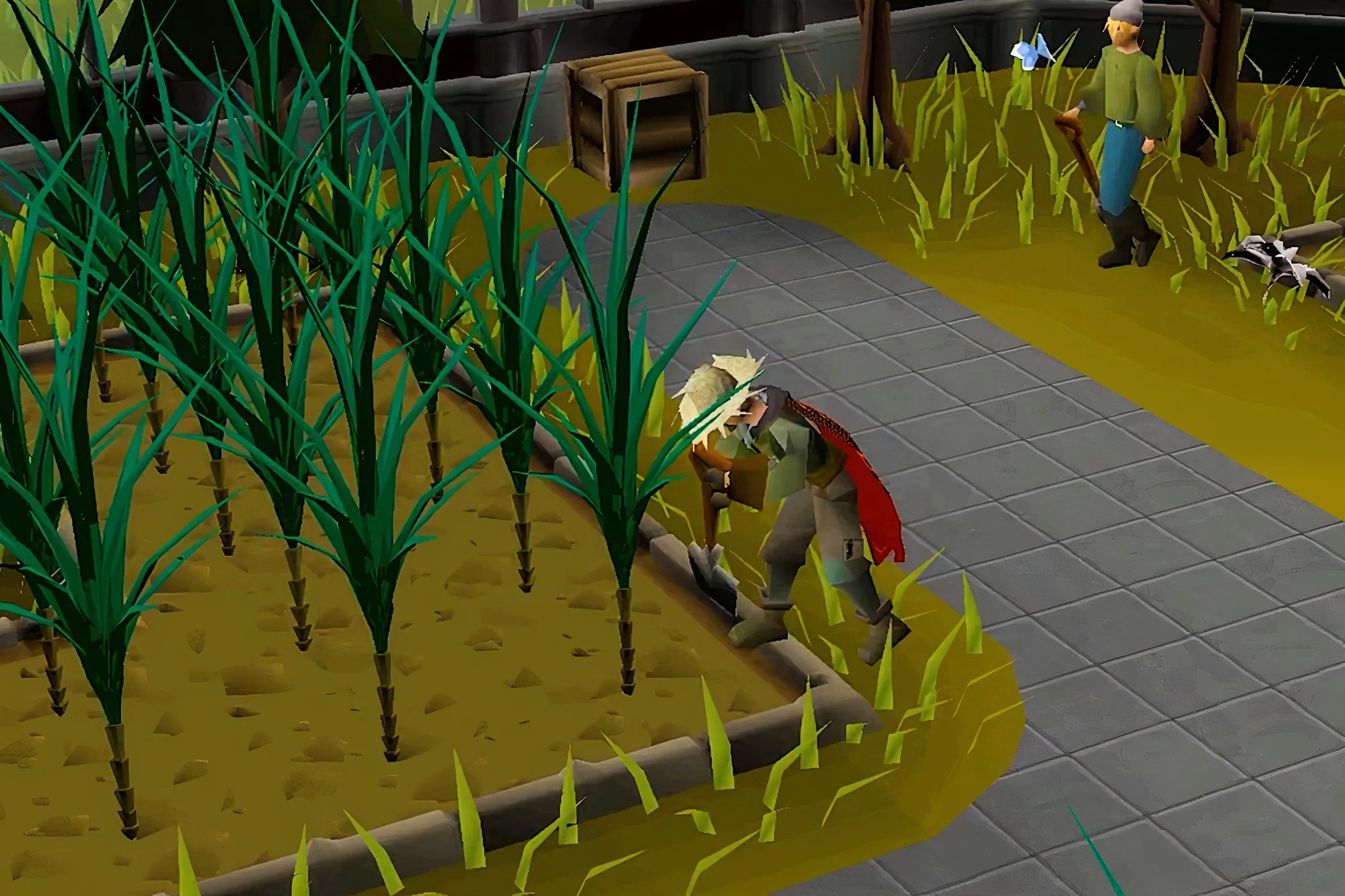 Người chơi RuneScape đang trồng trọt trong bãi cỏ, minh họa game nhập vai trên trình duyệt