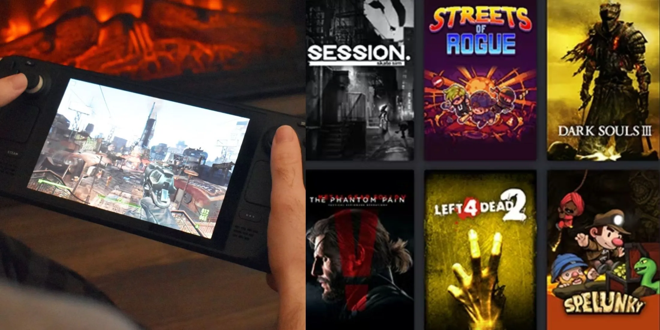 Người dùng chơi game trên Steam Deck bên cạnh thư viện trò chơi Steam, nhấn mạnh việc chuẩn bị game trước chuyến đi.