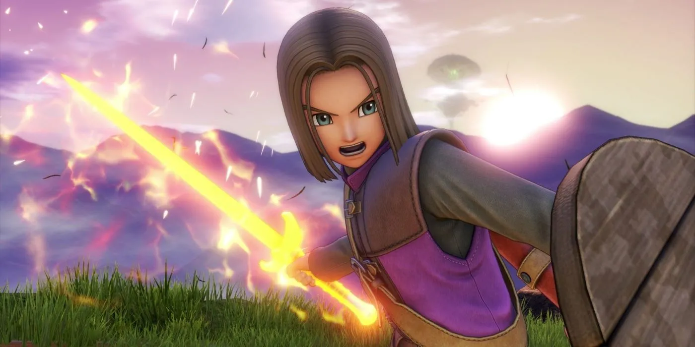 Người hùng Luminary vung kiếm lửa trong tư thế tấn công từ game nhập vai Dragon Quest XI, một lựa chọn tuyệt vời cho người mới chơi JRPG