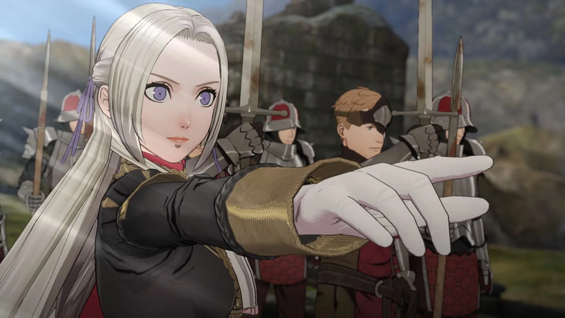 Nhân vật Edelgard đang chỉ tay trong game Fire Emblem Three Houses, minh họa lối chơi chiến thuật nhập vai có tính năng permadeath