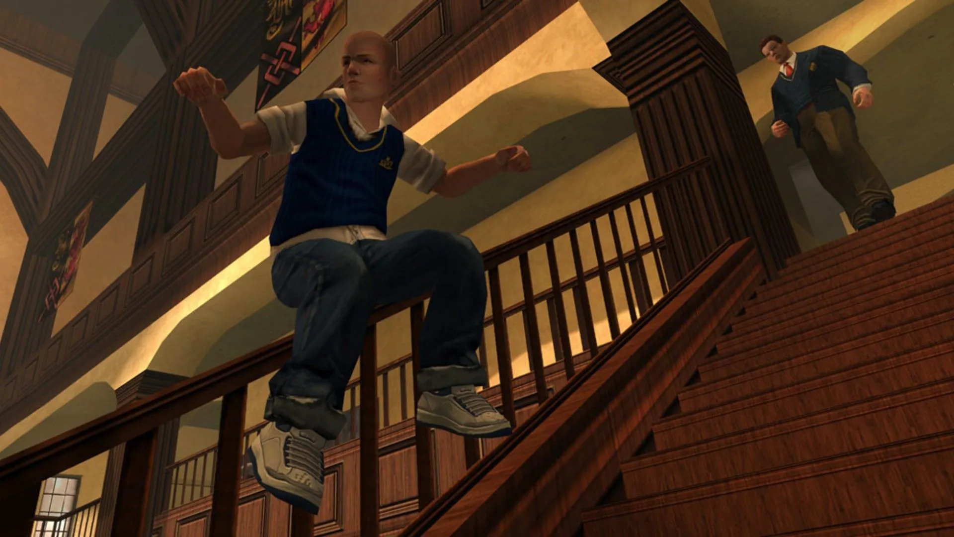 Nhân vật Jimmy Hopkins trong game Bully trượt ván trên lan can tại trường học
