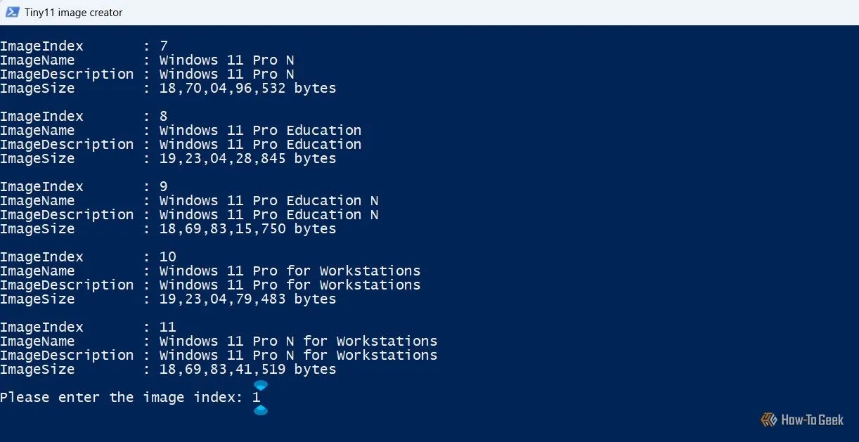 Nhập chỉ mục phiên bản Windows mong muốn (ví dụ: 1 cho Windows 11 Home) vào cửa sổ PowerShell.
