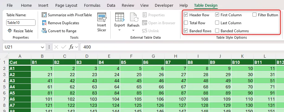 Nhóm tùy chọn kiểu bảng &quot;Table Style Options&quot; trong tab &quot;Table Design&quot; của Excel, cho phép tùy chỉnh hiển thị bảng.