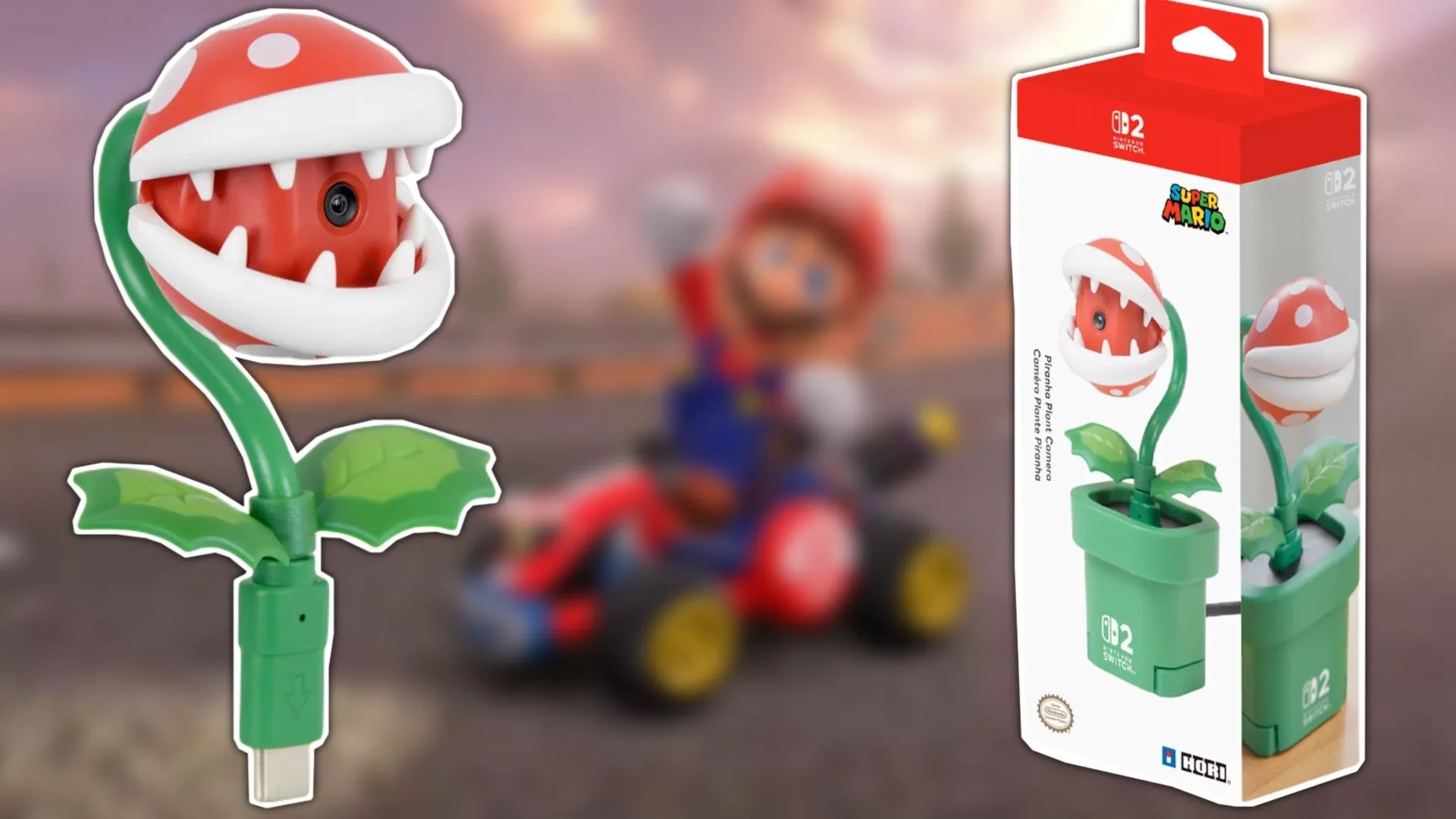 Nintendo Switch 2 HORI với hình cây Piranha Plant trước biểu cảm của Mario trong Mario Kart World.