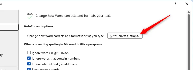 Nút AutoCorrect Options trong cửa sổ Tùy chọn Word