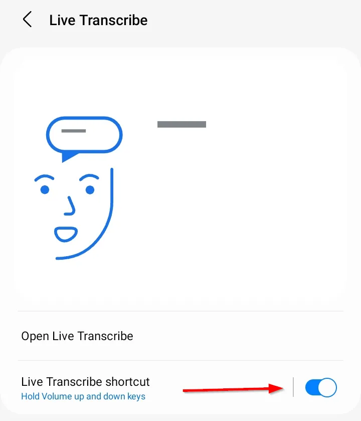 Nút chuyển đổi Phím tắt Live Transcribe để kích hoạt các tùy chọn phím tắt