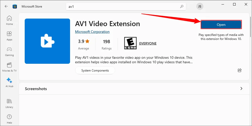 Nút Get để tải và cài đặt codec AV1 Video Extension từ cửa hàng Microsoft