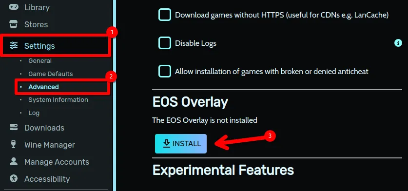 Nút &quot;Install&quot; của EOS Overlay trong mục Cài đặt Nâng cao của Heroic Games Launcher.