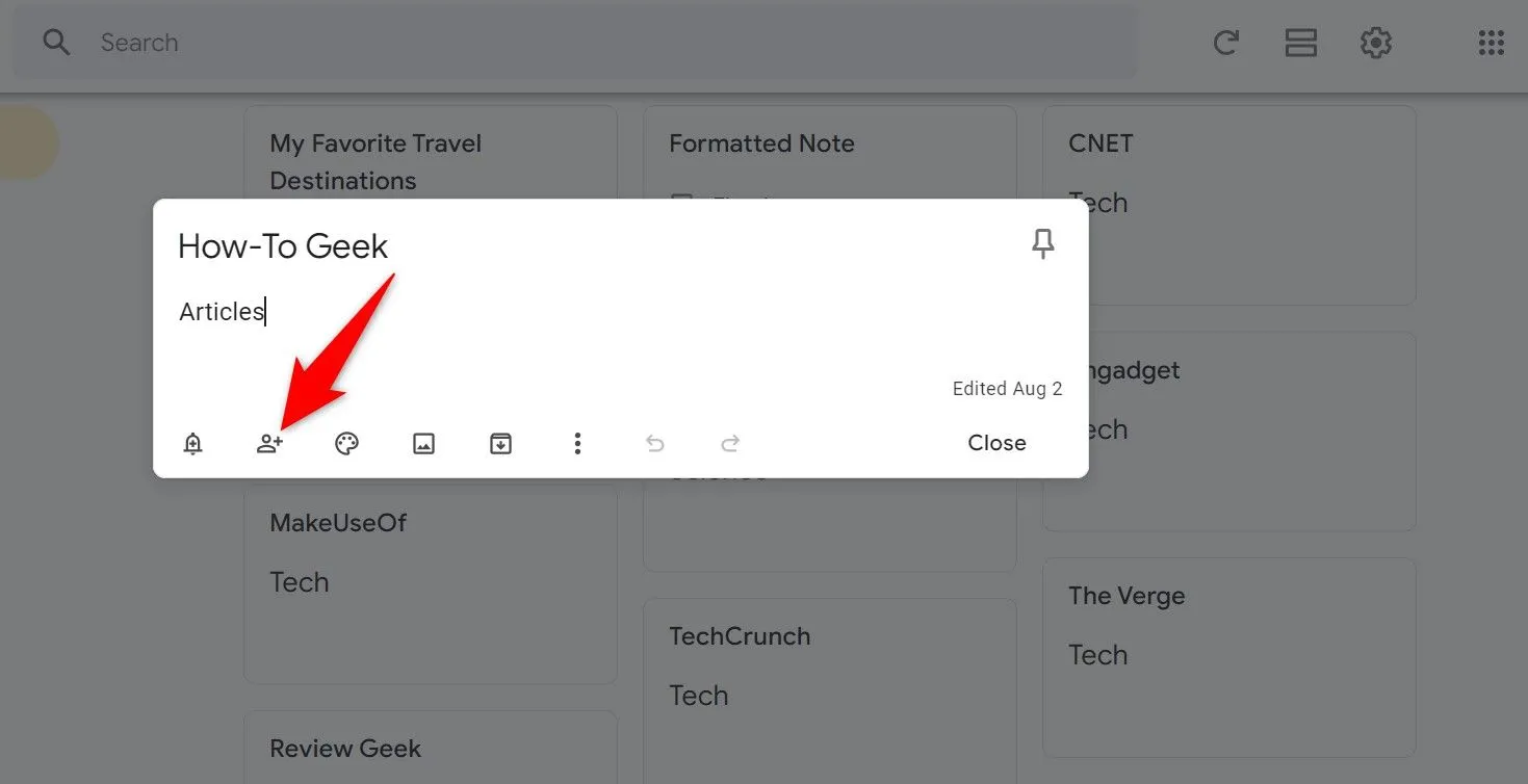 Nút mời cộng tác viên để chia sẻ ghi chú trong Google Keep