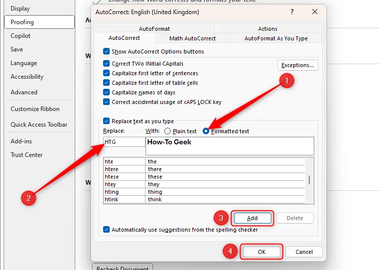 Nút radio &quot;Formatted Text&quot; được chọn trong hộp thoại AutoCorrect của Microsoft Word và các từ &quot;How-To Geek&quot; được hiển thị in đậm