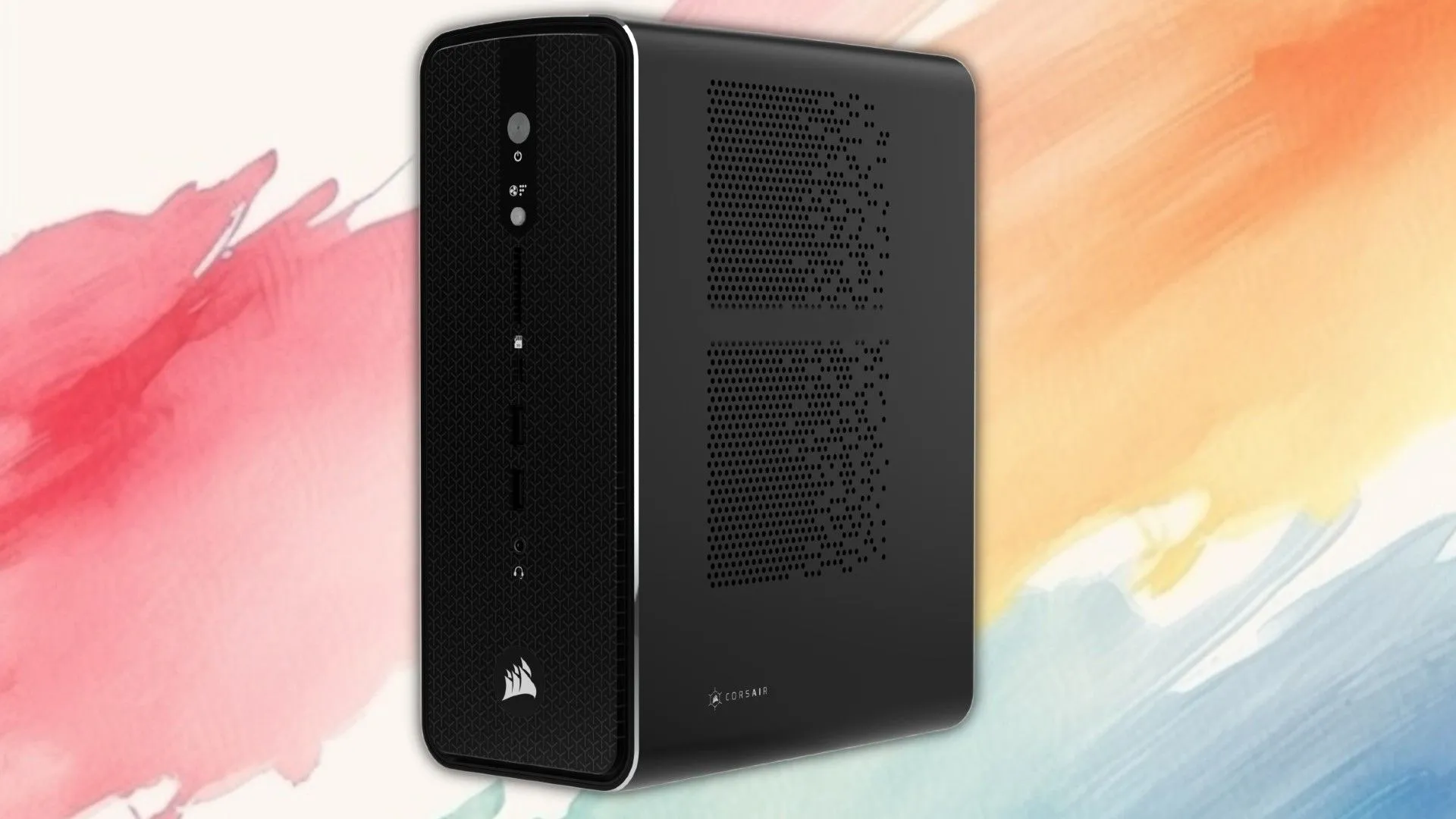 PC workstation AI của Corsair từ một góc trên nền màu
