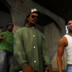 Phiên bản Grand Theft Auto San Andreas Definitive Edition với nhóm Grove Street đang đi bộ