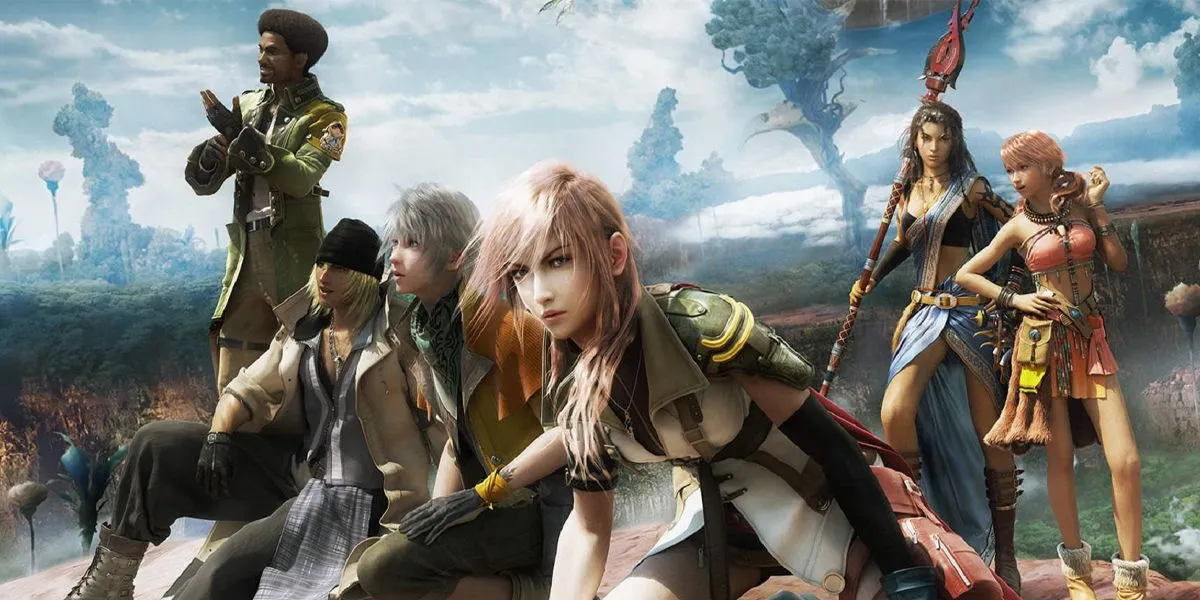 Poster chính thức của Final Fantasy 13 với các nhân vật chính, thể hiện đồ họa và phong cách game JRPG.