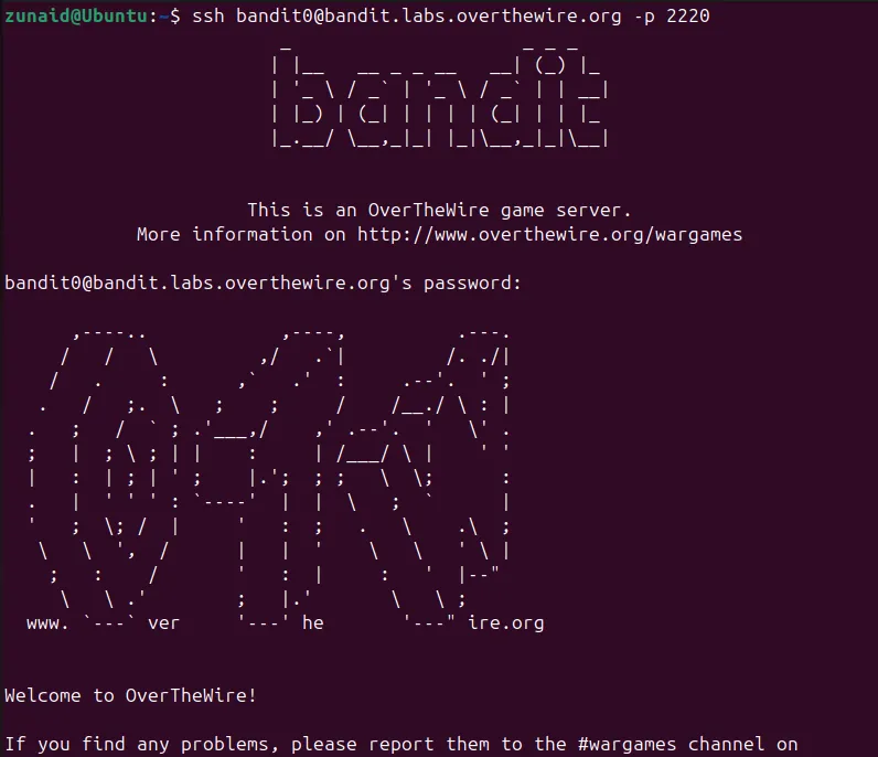 Quá trình kết nối thành công đến máy chủ OverTheWire Bandit thông qua lệnh SSH trên Terminal Linux, bước đầu tiên để bắt đầu trò chơi.