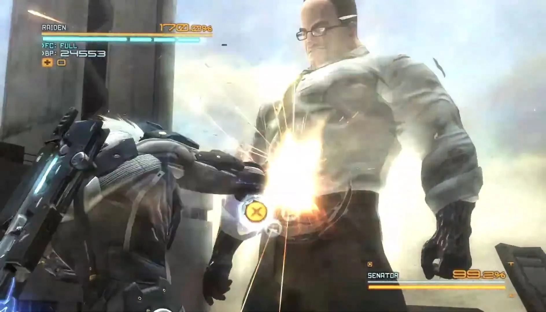Raiden thực hiện cú đấm mạnh mẽ vào Armstrong trong cảnh chiến đấu đỉnh cao của Metal Gear Rising: Revengeance.