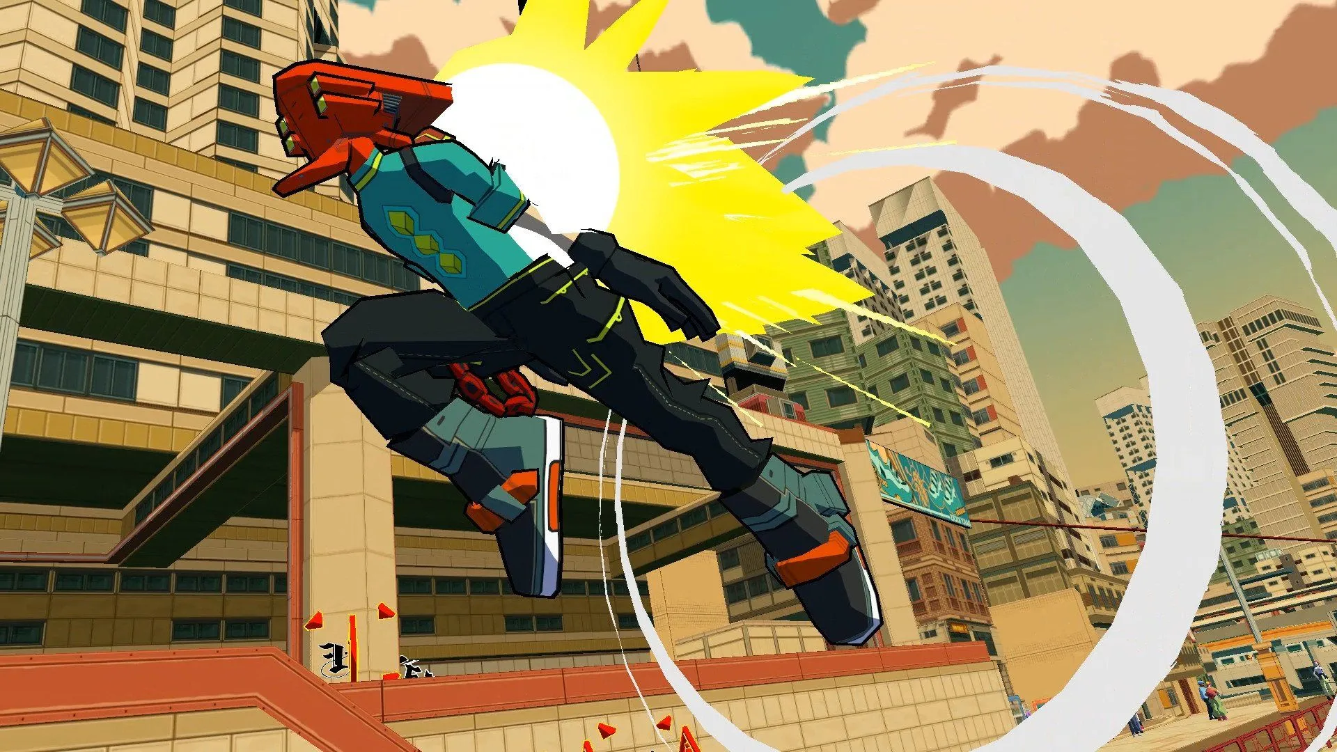 Red từ Bomb Rush Cyberfunk, một ví dụ về phong cách đồ họa cel-shaded hiện đại.