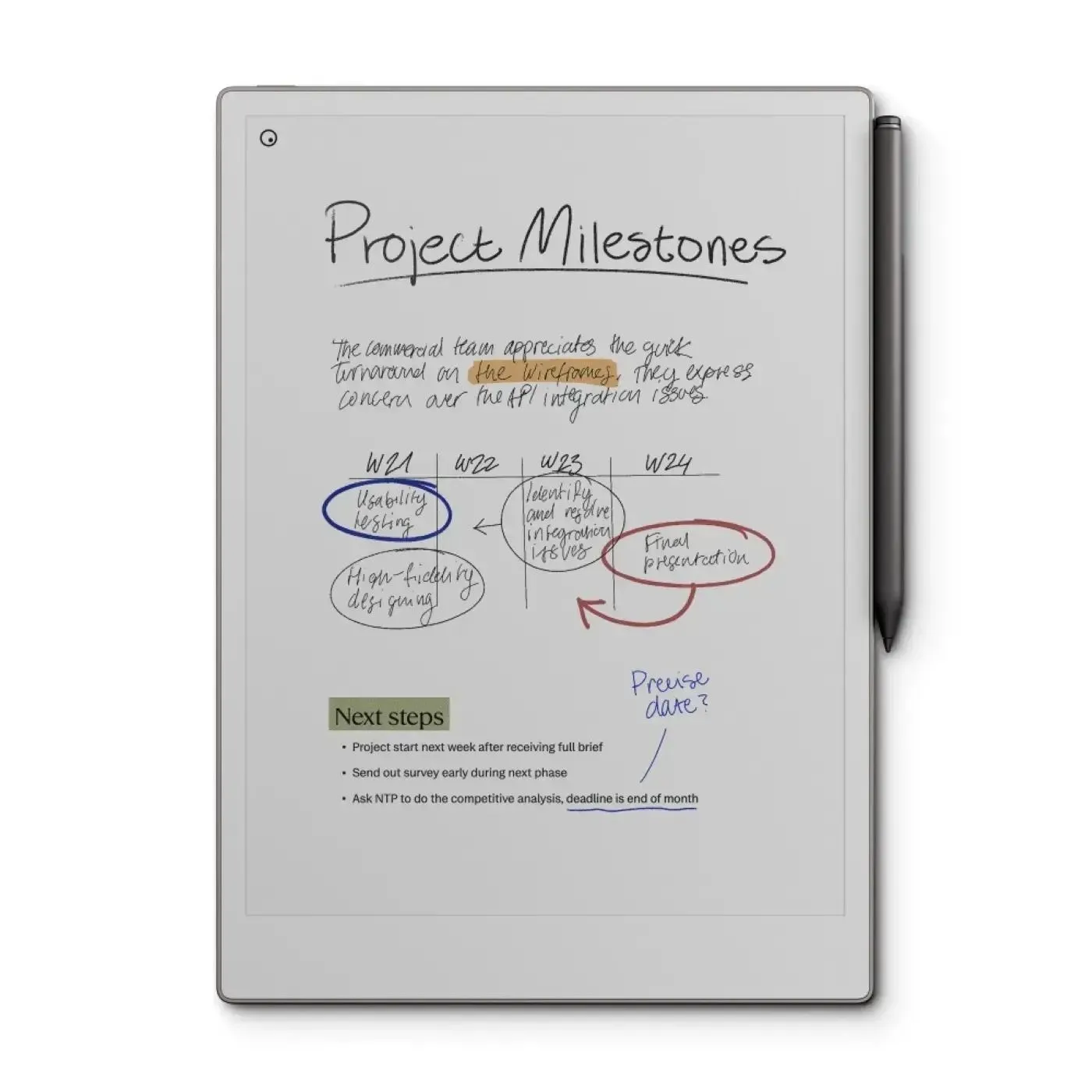 reMarkable Paper Pro hiển thị màn hình màu với hình vẽ phác thảo Snoopy và bảng thông số kỹ thuật chính