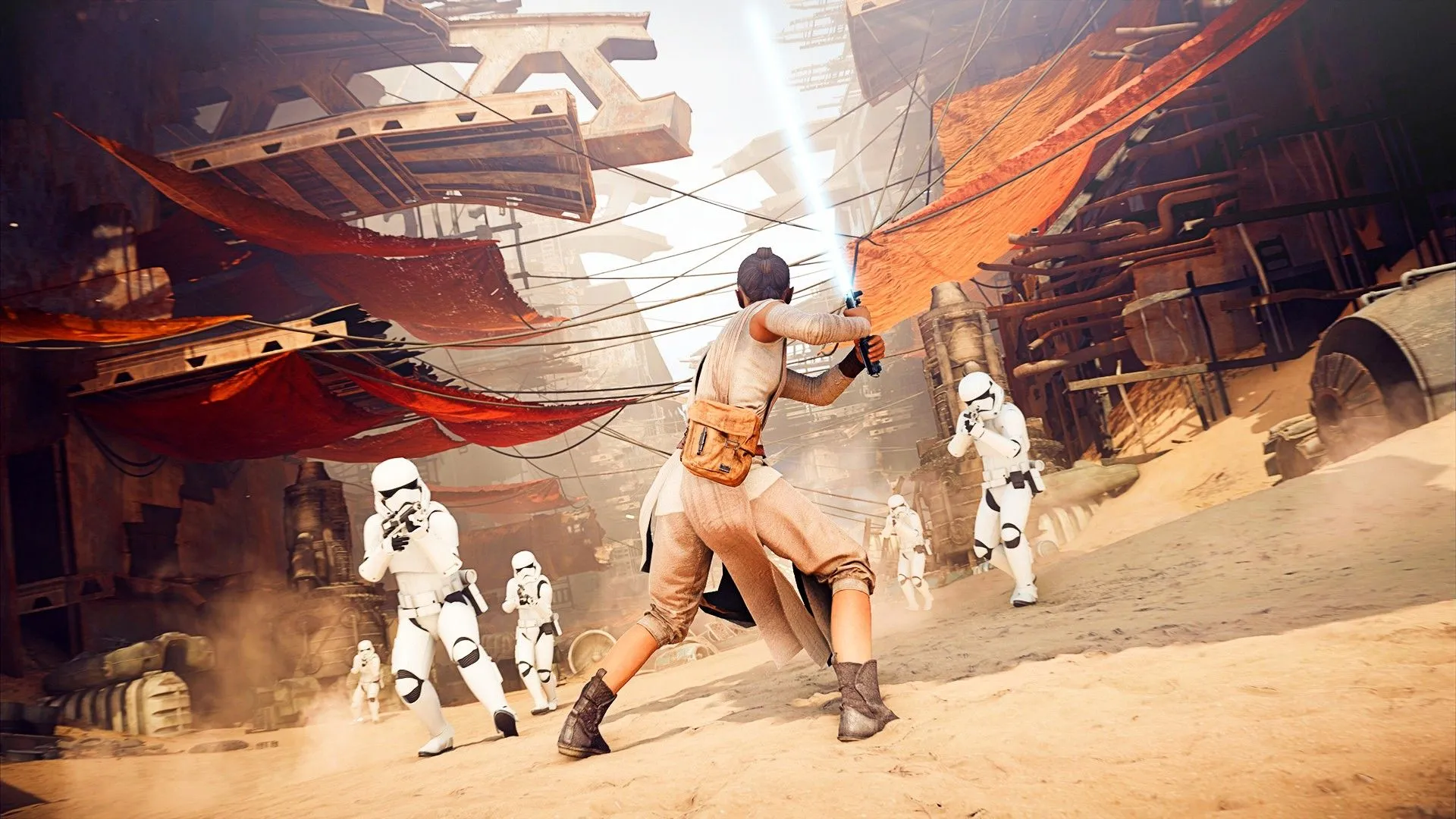 Rey chiến đấu với Stormtrooper trong Star Wars Battlefront 2.
