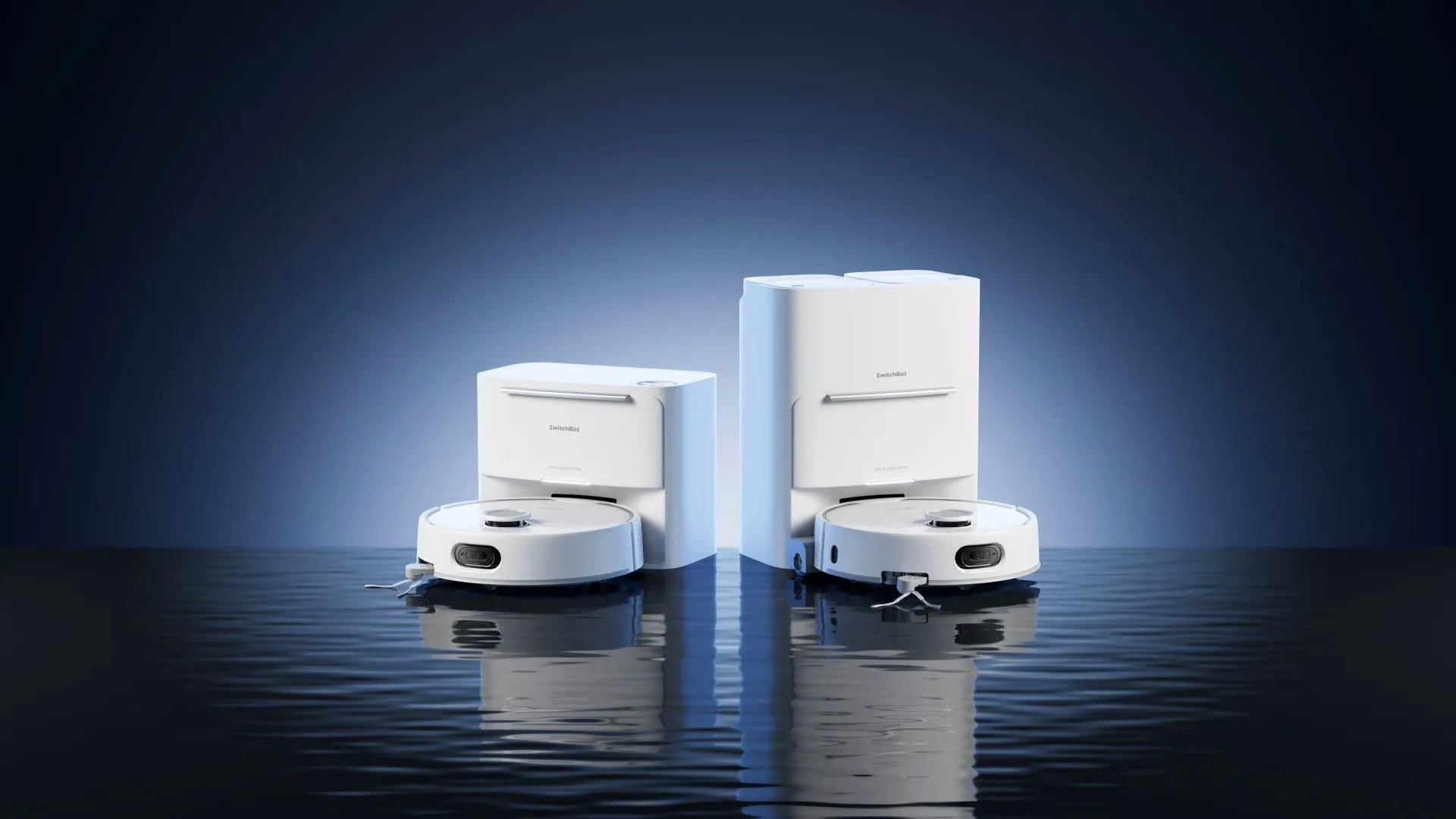 Robot lau nhà thông minh Switchbot S20 Pro đặt cạnh một trạm sạc, thể hiện khả năng tự động hóa việc dọn dẹp