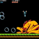 Shovel Knight đang chiến đấu với boss rồng bong bóng trong màn chơi 2D platformer.