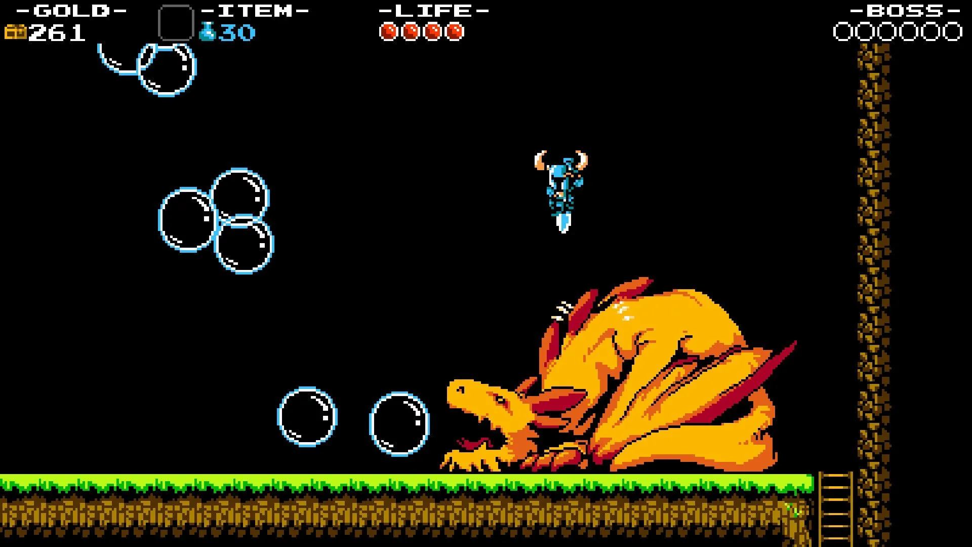 Shovel Knight đang chiến đấu với boss rồng bong bóng trong màn chơi 2D platformer.