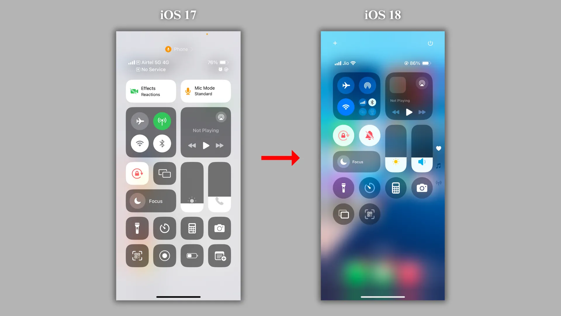 So sánh giao diện Trung tâm điều khiển iOS 17 và iOS 18 cho thấy sự khác biệt về nhóm điều khiển kết nối