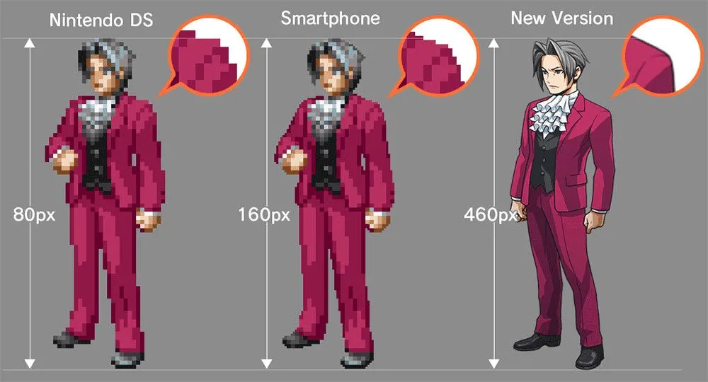 So sánh nghệ thuật sprite từ các phiên bản khác nhau của Ace Attorney Investigations, thể hiện sự nâng cấp đồ họa 2D trong bản remaster.