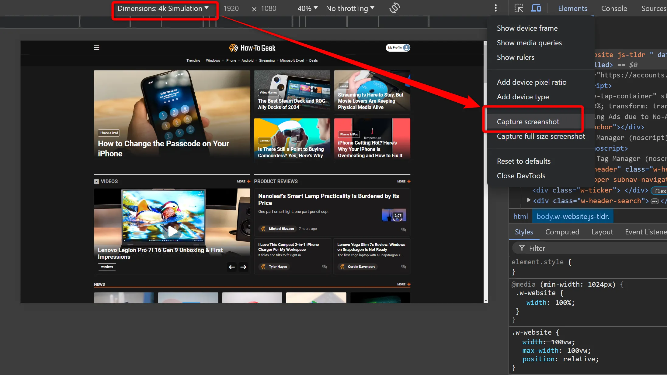 Sử dụng công cụ chụp ảnh màn hình tùy chỉnh trong Chrome Developer Tools