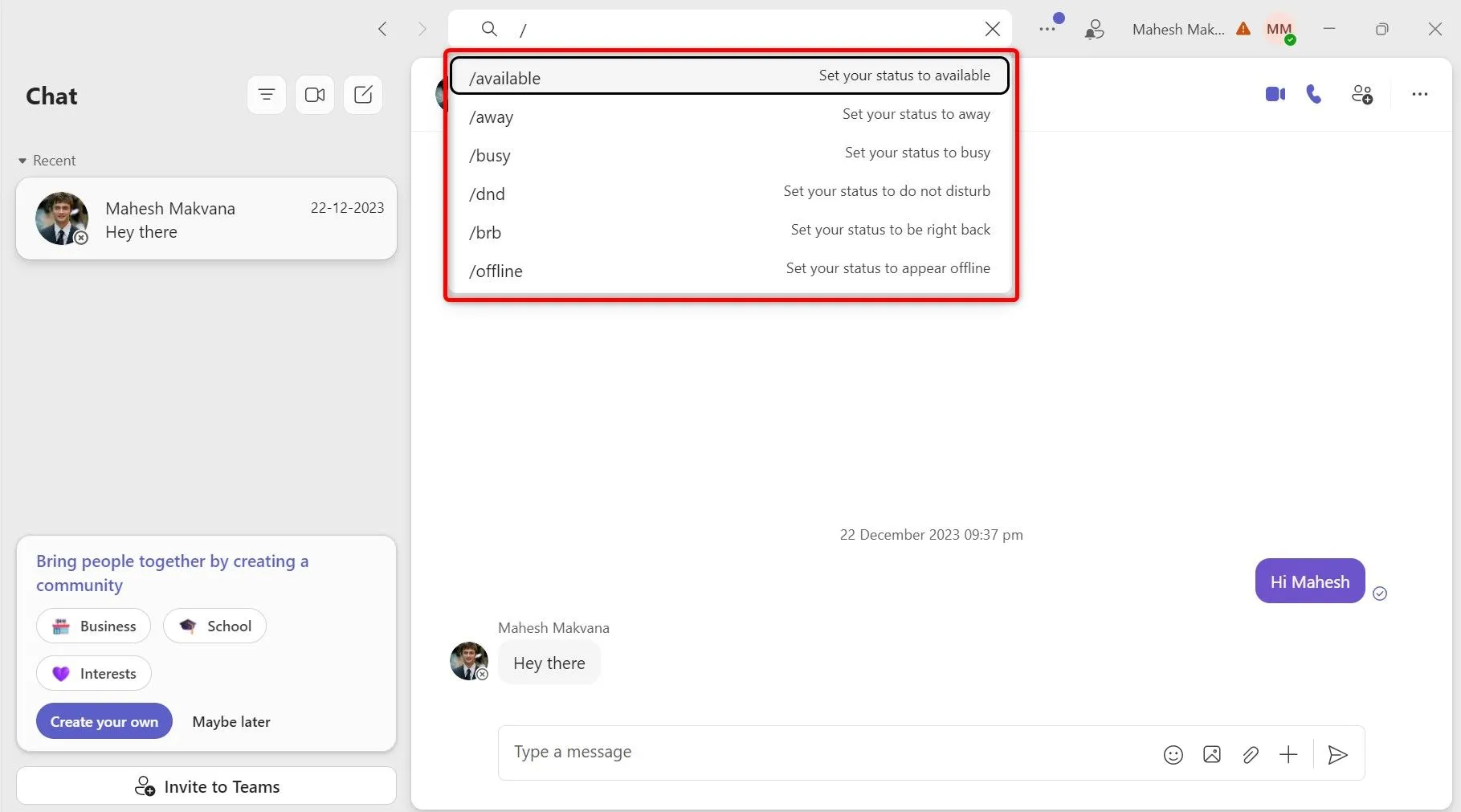 Sử dụng lệnh gạch chéo (slash commands) trong Teams để thực hiện các hành động tức thì
