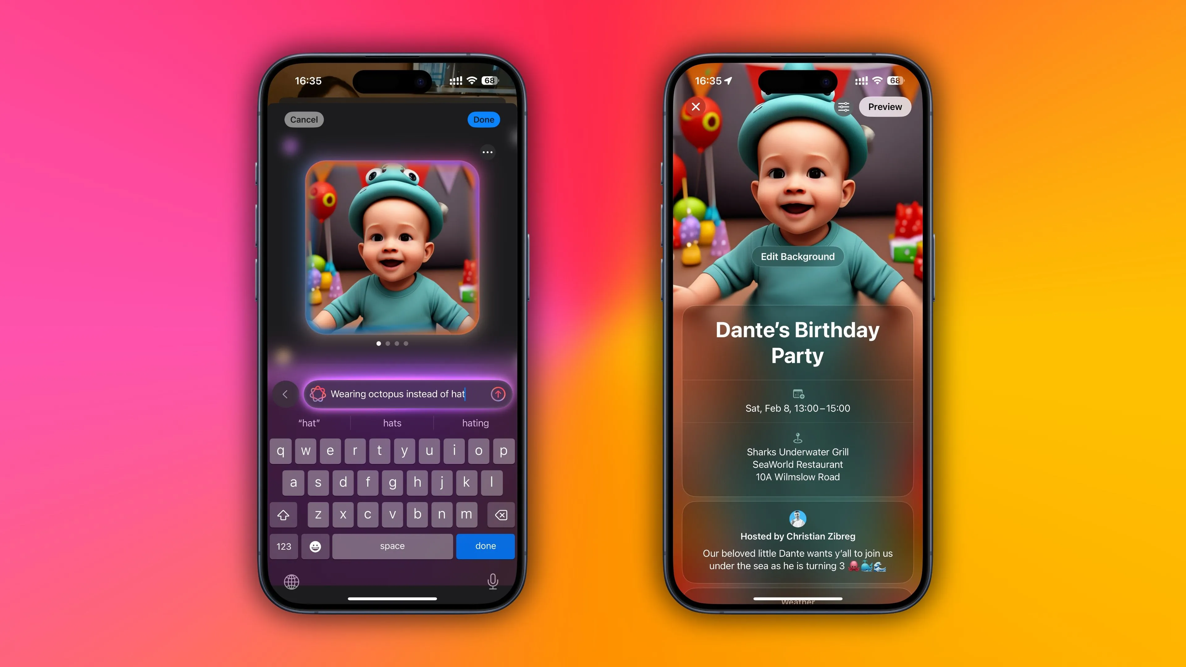 Sử dụng tính năng Image Playground để chỉnh sửa nền thiệp mời trong ứng dụng Apple Invites trên iPhone, tận dụng sức mạnh AI tạo ảnh.