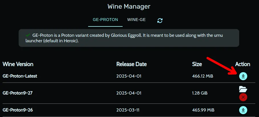 Tải xuống phiên bản GE-Proton mới nhất từ giao diện Wine Manager của Heroic Games Launcher.