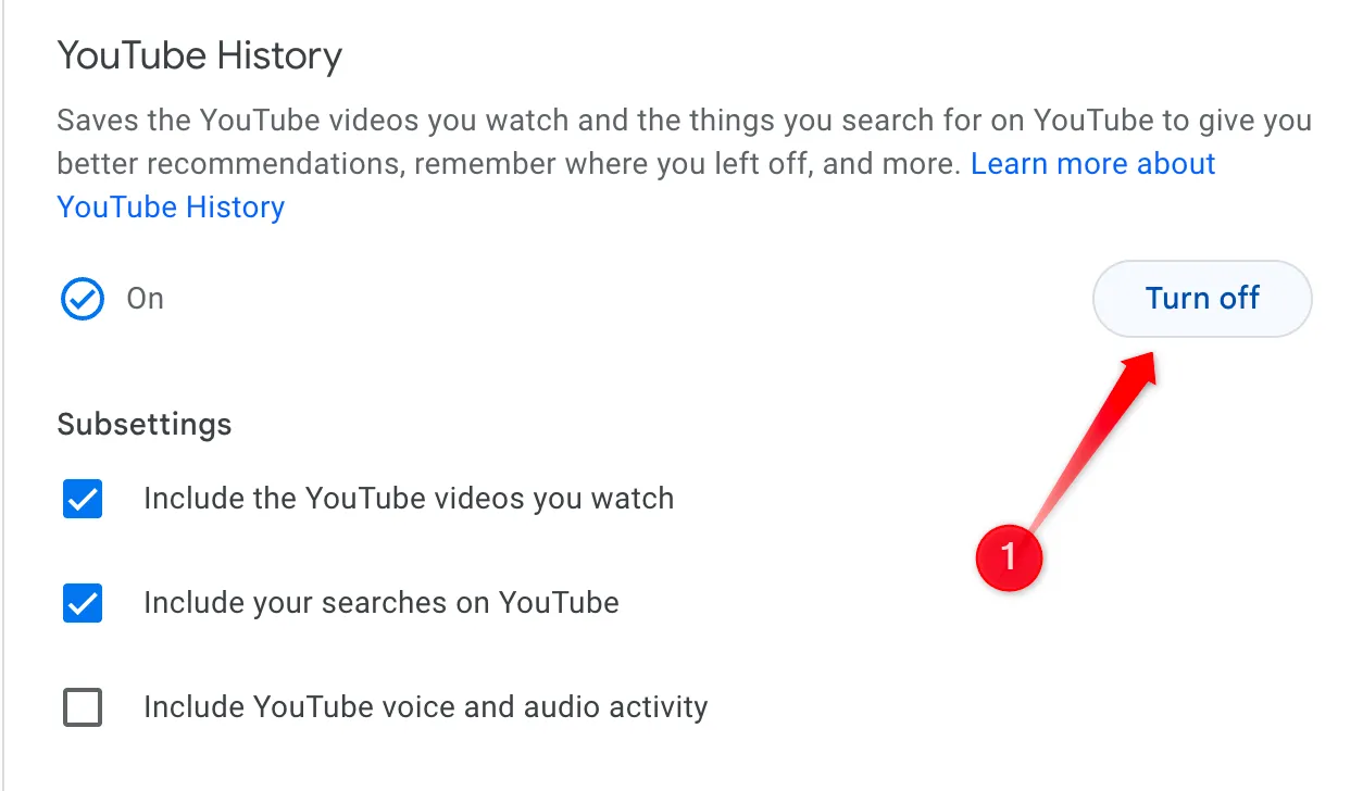 Tắt lịch sử YouTube trong tài khoản Google