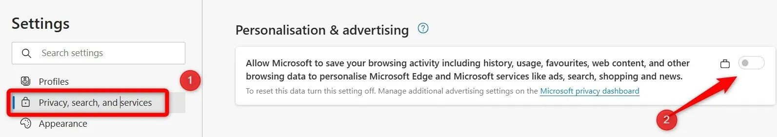 Tắt tùy chọn cá nhân hóa và quảng cáo trong cài đặt quyền riêng tư của Microsoft Edge